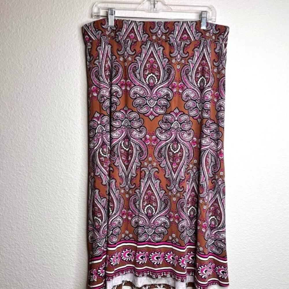NEW Bob Mackie Paisley Print Pull-on Knit Midi Skirt Brown/Pink Size Large
